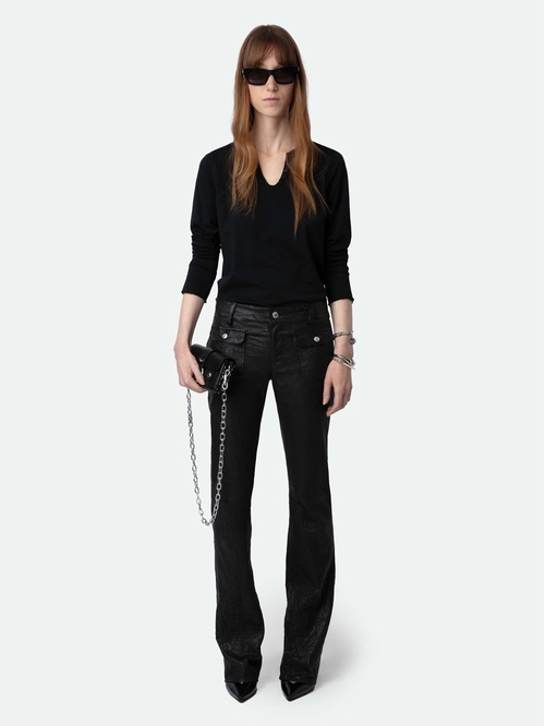 Women's black creased leather trousers The brand's signature