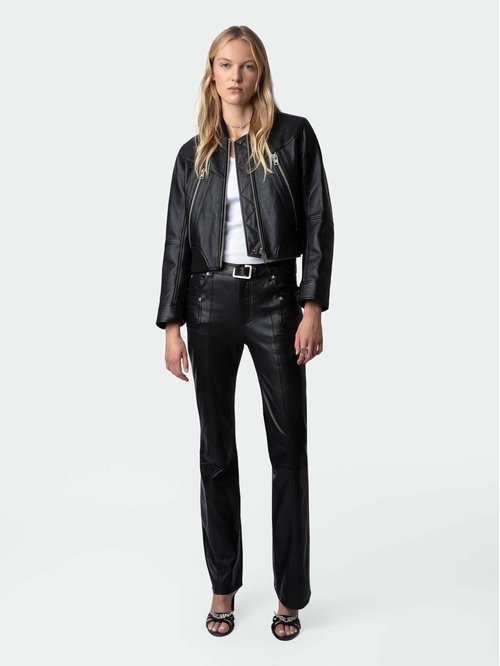 Light smooth leather trousers with flared hem and pockets. -