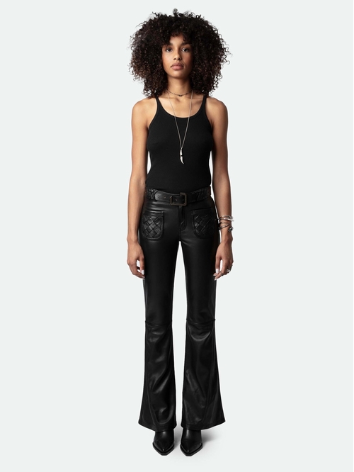 Flared trousers in smooth black leather with braided