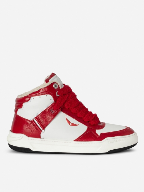 High-top sneakers in smooth white leather, with red vintage