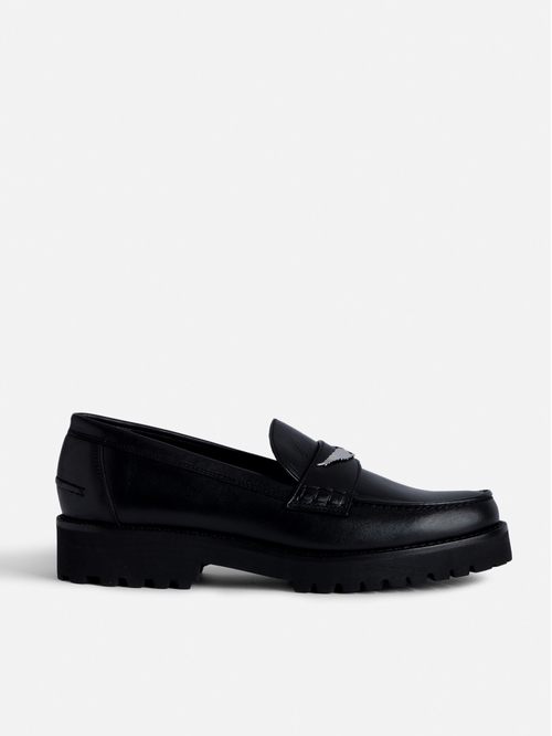 Women's semi-patent smooth leather loafers with wings charm.