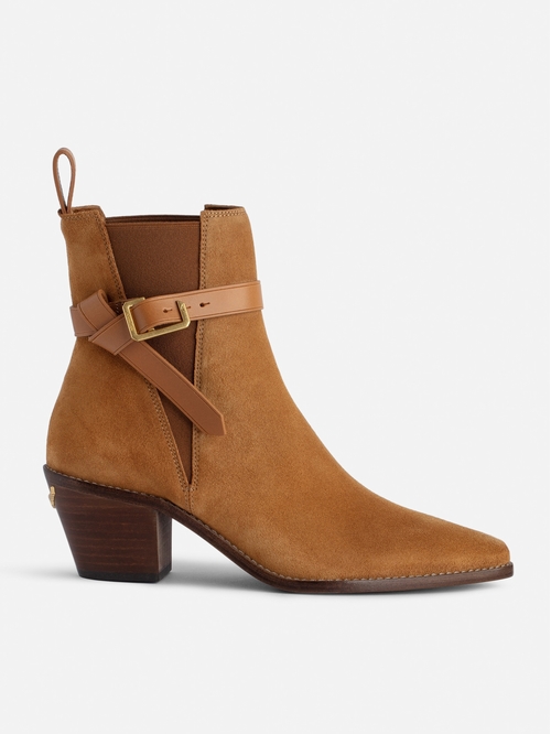 Brown suede leather ankle boots with C buckle. - Women's