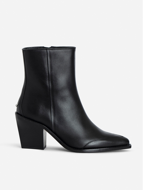 Smooth, semi-patent black leather ankle boots with signature