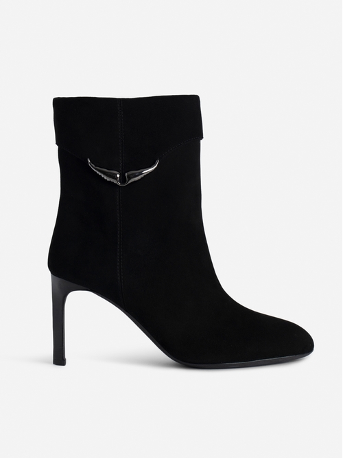 Women's black suede leather boots with wings motif and heel.