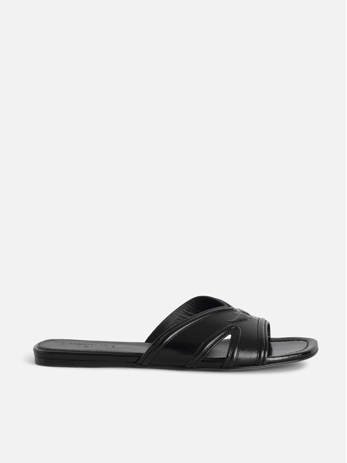 Black crinkled patent leather mules with embossed signature