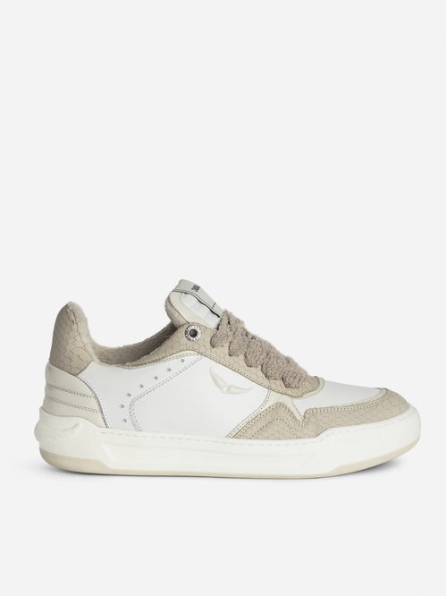 Low-top trainers in smooth white leather, with ecru vintage