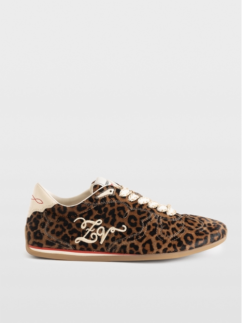 Low-top leather trainers with leopard-print pony effect and