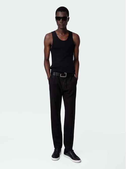 Black washed linen trousers with pockets. - Men's black