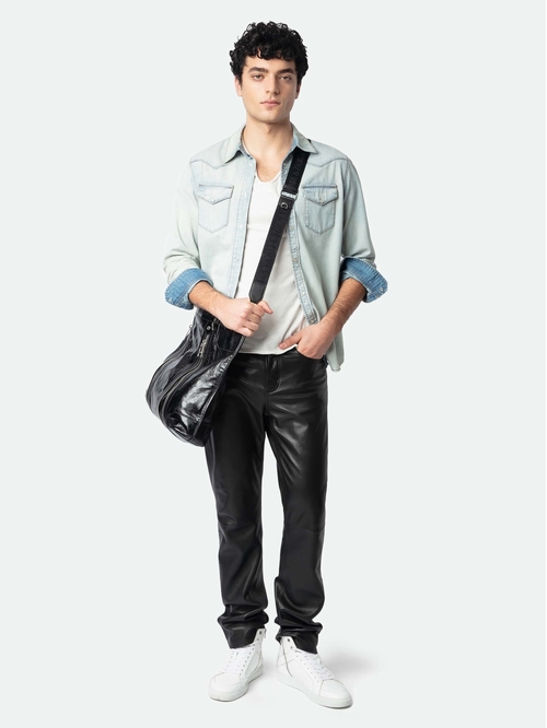 Fitted western-style denim shirt with wing embroidery, long