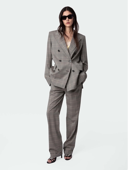 Oversized checked grey wool blazer with tailored collar,