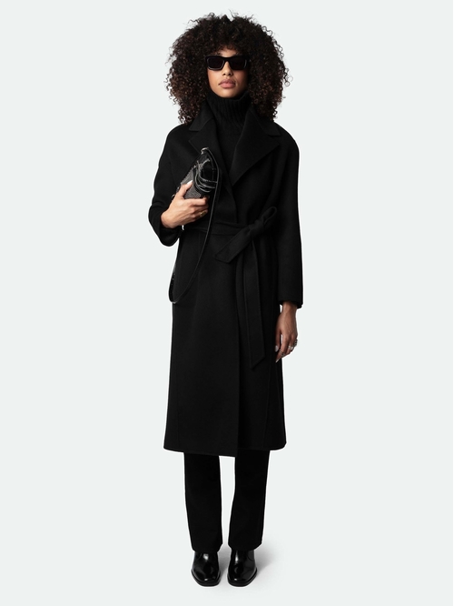 Long black wool-blend coat with removable belt. - Women's