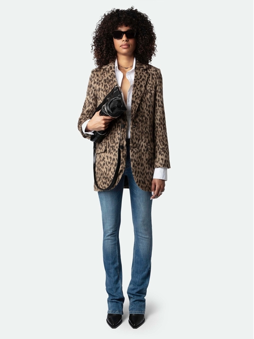 Brown textured mid-length coat with Wild print, button