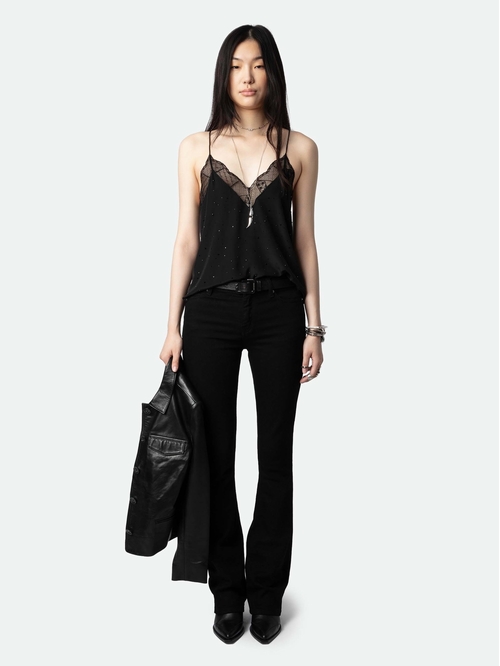 Black silk lingerie-style camisole with diamanté, thin