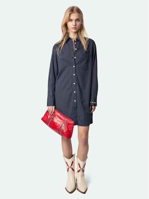 Shirt dress in striped poplin with embroidered cuffs. -