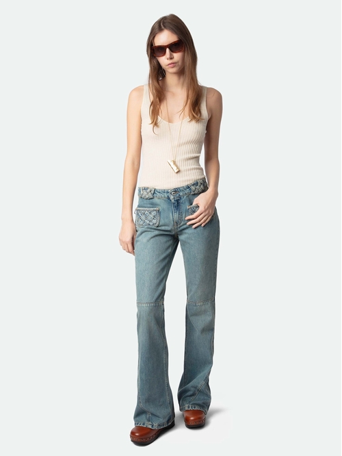 Mid-rise bootcut jeans with braided pocket and raglan