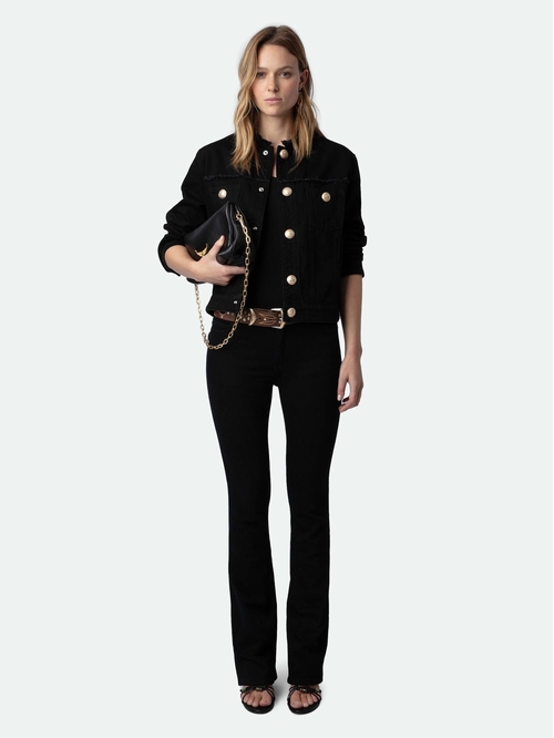 Black button-up denim jacket with pockets, raw edges and