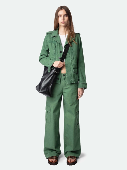 Military-inspired washed cotton parka with studs, multiple