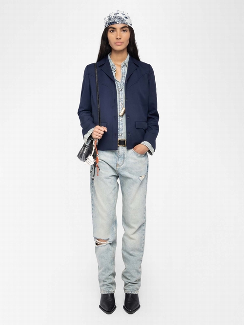 Mixed wool jacket with western-inspired cutouts, applied
