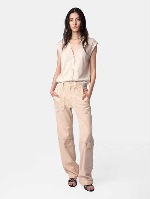 Beige cotton twill trousers with contrasting details. -