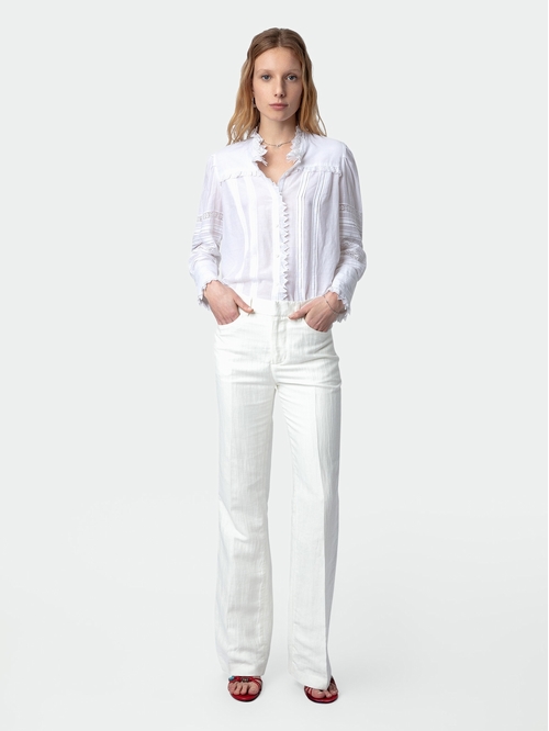 White linen flared tailored trousers with pockets and