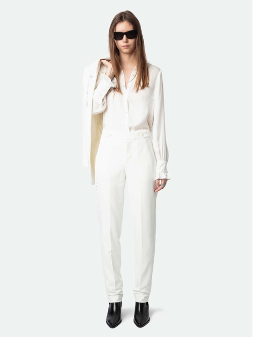 Straight-cut tailored trousers with side rhinestones and