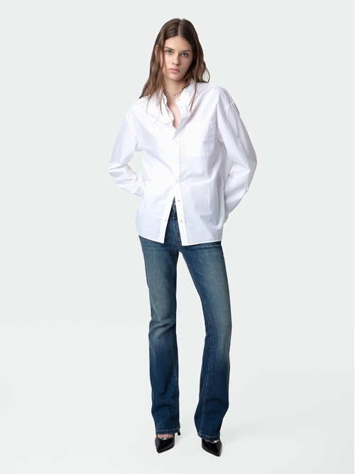 White cotton long shirt with button closure, pockets and