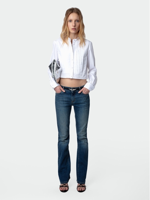 White cotton cropped shirt with wings embroidery and pleat