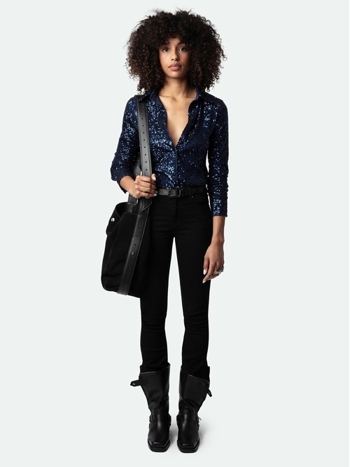 Long-sleeved blue sequined shirt with button fastening. -