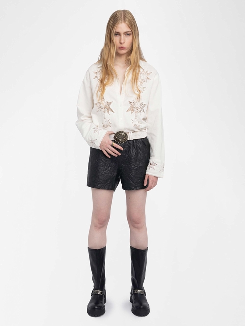 Loose-fitting cotton and linen shirt with embroidery. -