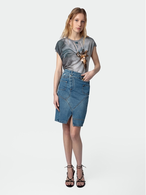 Faded denim midi skirt with asymmetric fly, split, pockets