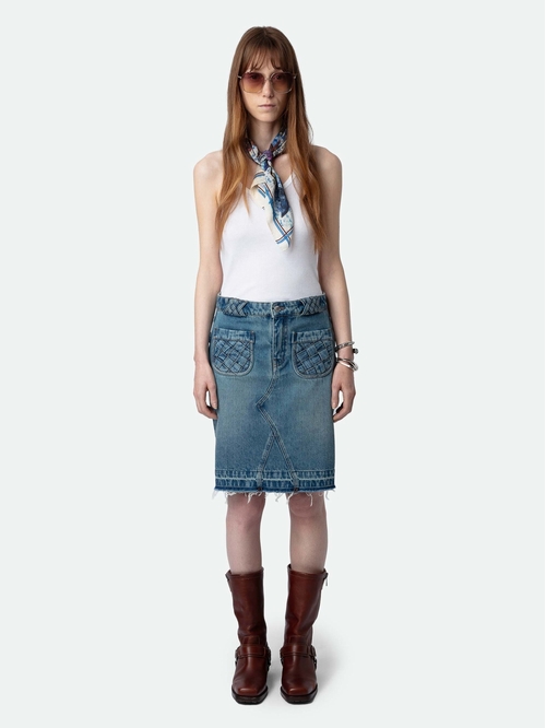 Faded blue denim mini skirt with pockets, braided details