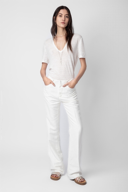 White organic linen T-shirt with V neckline and short
