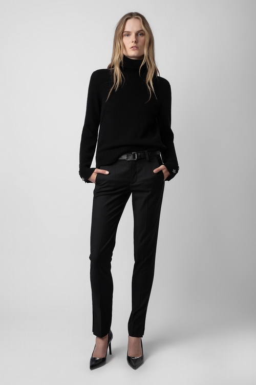 Black knit jumper with mock neck, long sleeves and buttoned
