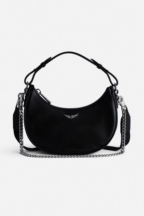 Women's half-moon bag in black grained leather with a short
