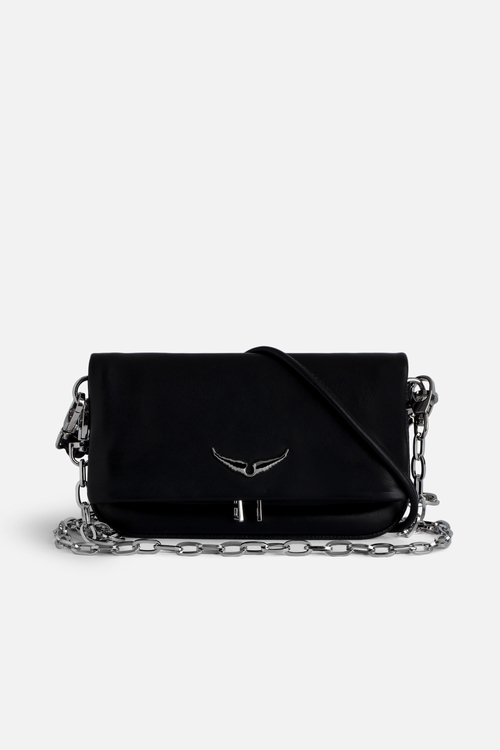 Small black smooth leather clutch with tied handle and