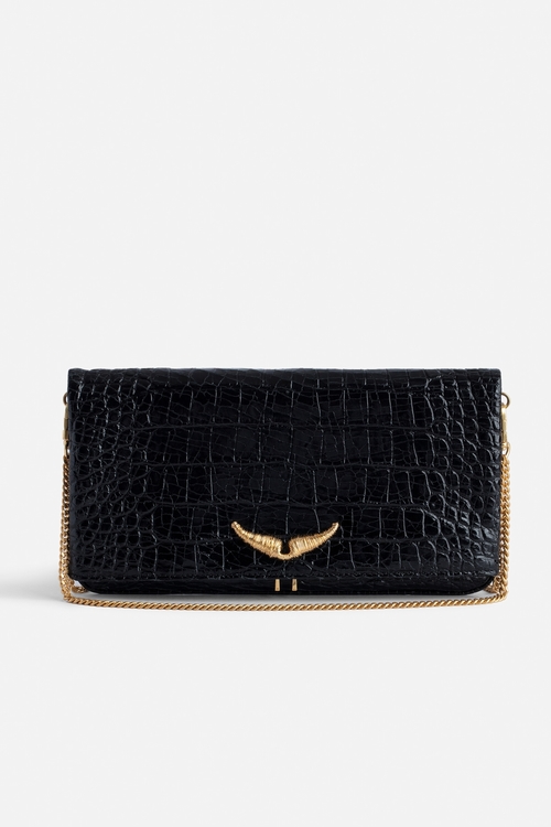 Rock black croc-embossed leather clutch with gold-tone metal