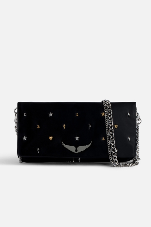 Women's black smooth leather clutch with double metal chains