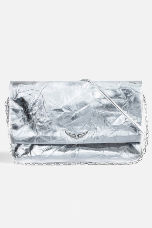 Rock silver metallic crinkled leather clutch with double