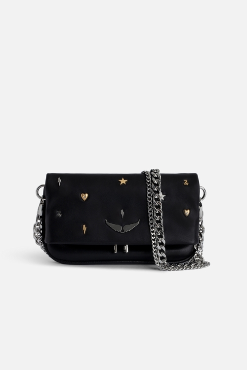 Small black smooth leather clutch with double chain
