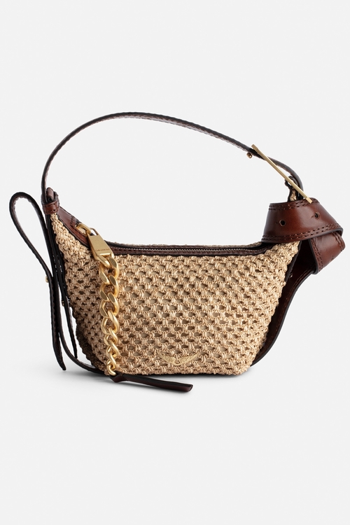 Small basket-style bag with leather shoulder strap and