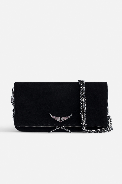 Rock black suede clutch bag with double leather and metal