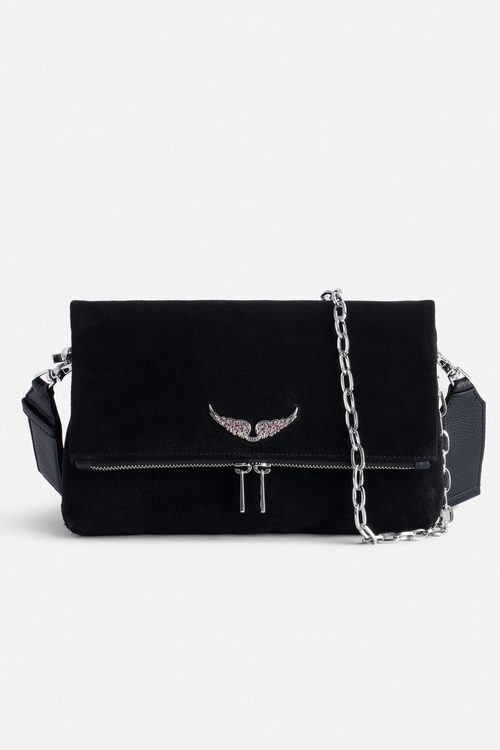 Rocky black suede bag with leather shoulder strap and metal