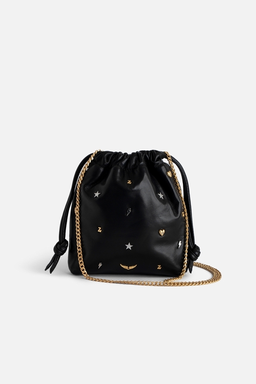 Women's small bucket bag in black leather with silver and