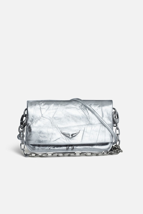 Rock Nano small silver metallic crinkled leather clutch with