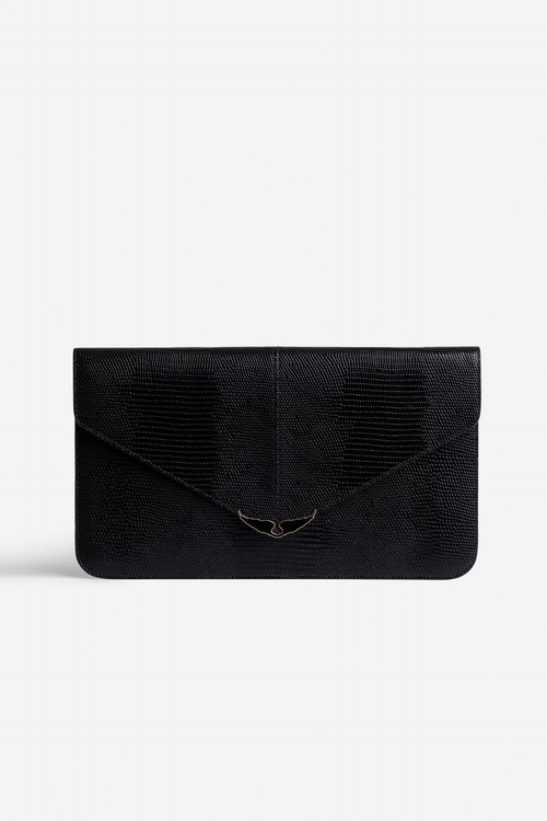 Women's envelope clutch in shiny black leather with embossed