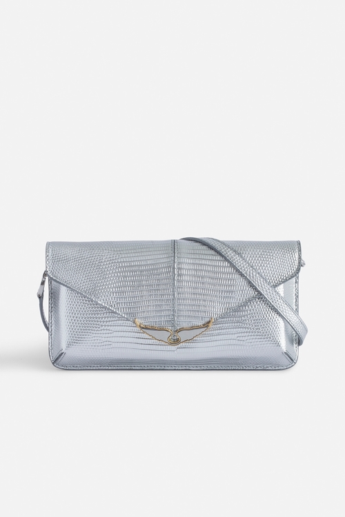 Silver metallic iguana-embossed leather clutch with leather