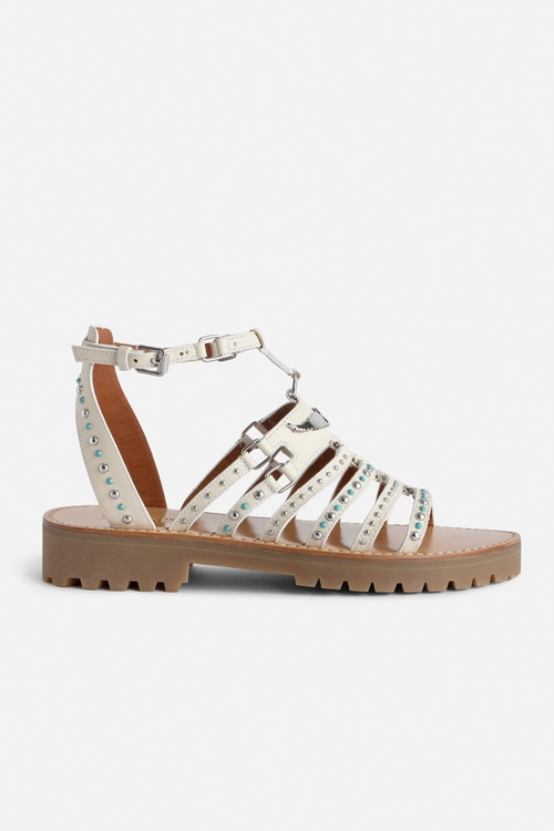 Ecru vegetable-tanned leather sandals with straps,