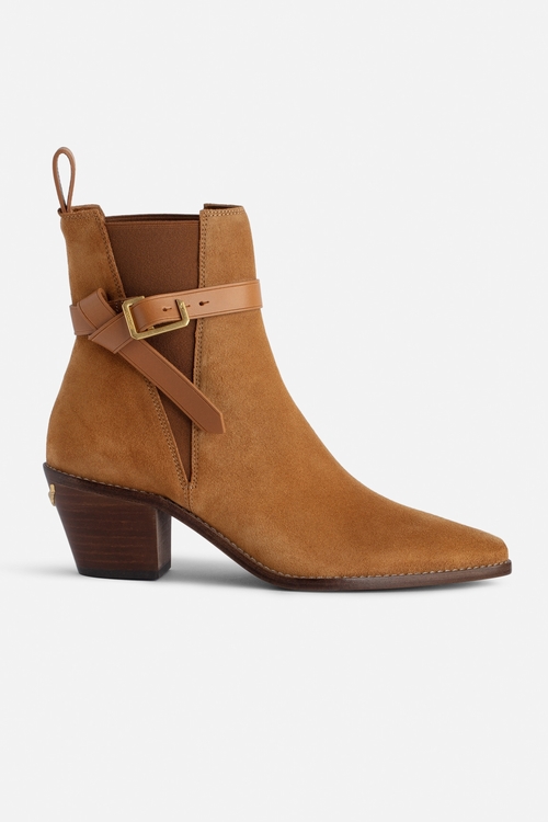 Brown suede leather ankle boots with C buckle. - Women's