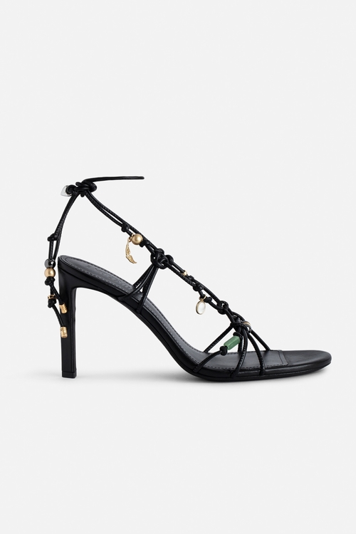 Black smooth leather heeled sandals with tied straps and