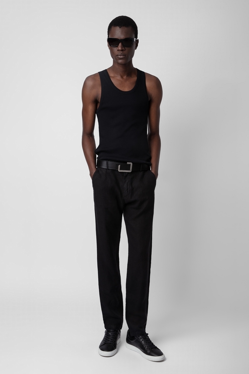 Black washed linen trousers with pockets. - Men's black